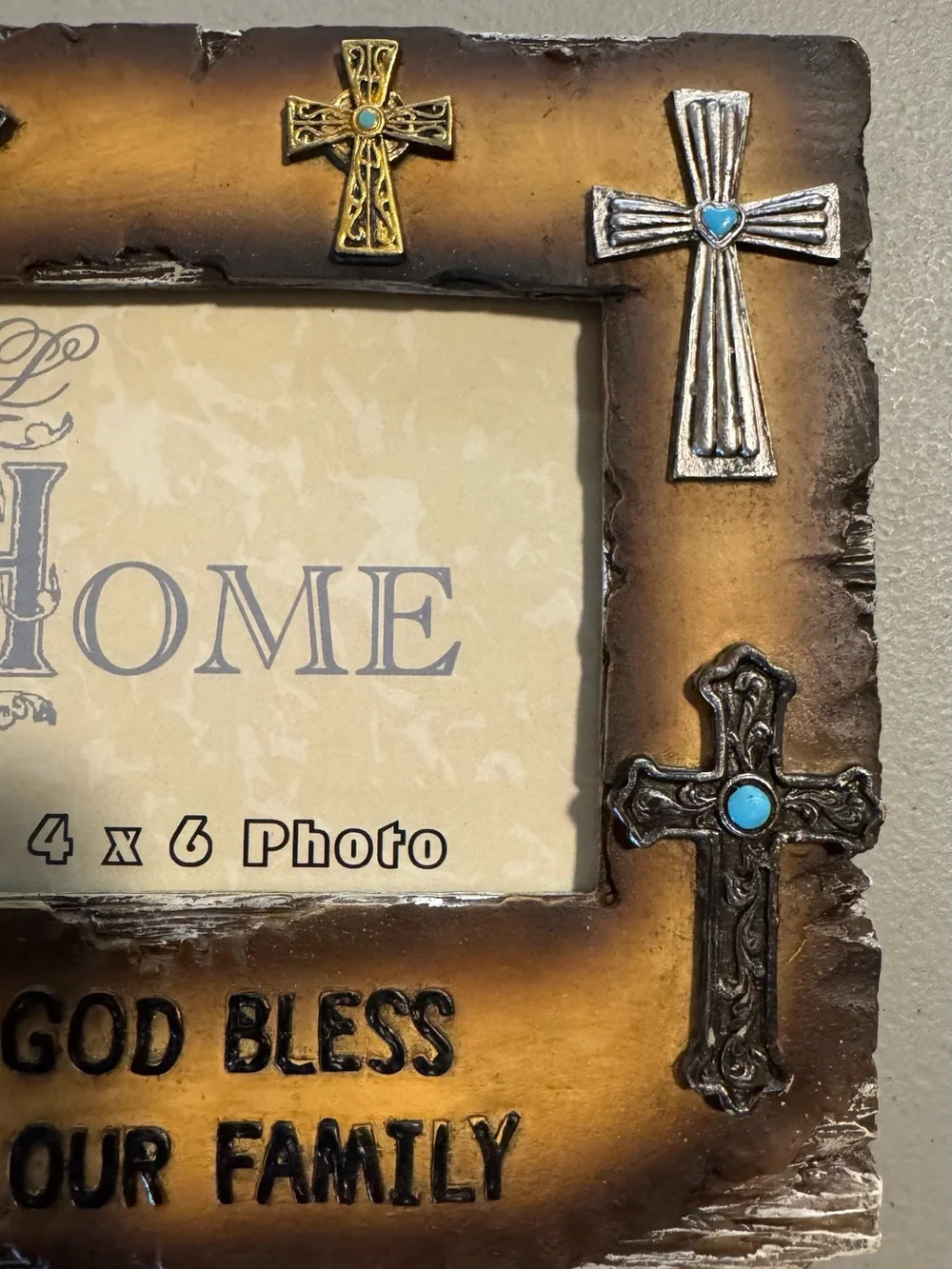 God Bless Our Family Decorative Cross 4x6 Photo Frame Brown